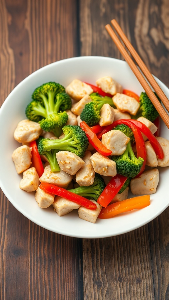 A colorful low carb chicken stir-fry with broccoli and bell peppers in a white bowl on a wooden table.